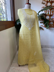 Yellow Suit Set with Lucknowi & Pearl Handwork in Pure Mul Cotton - Masakalee