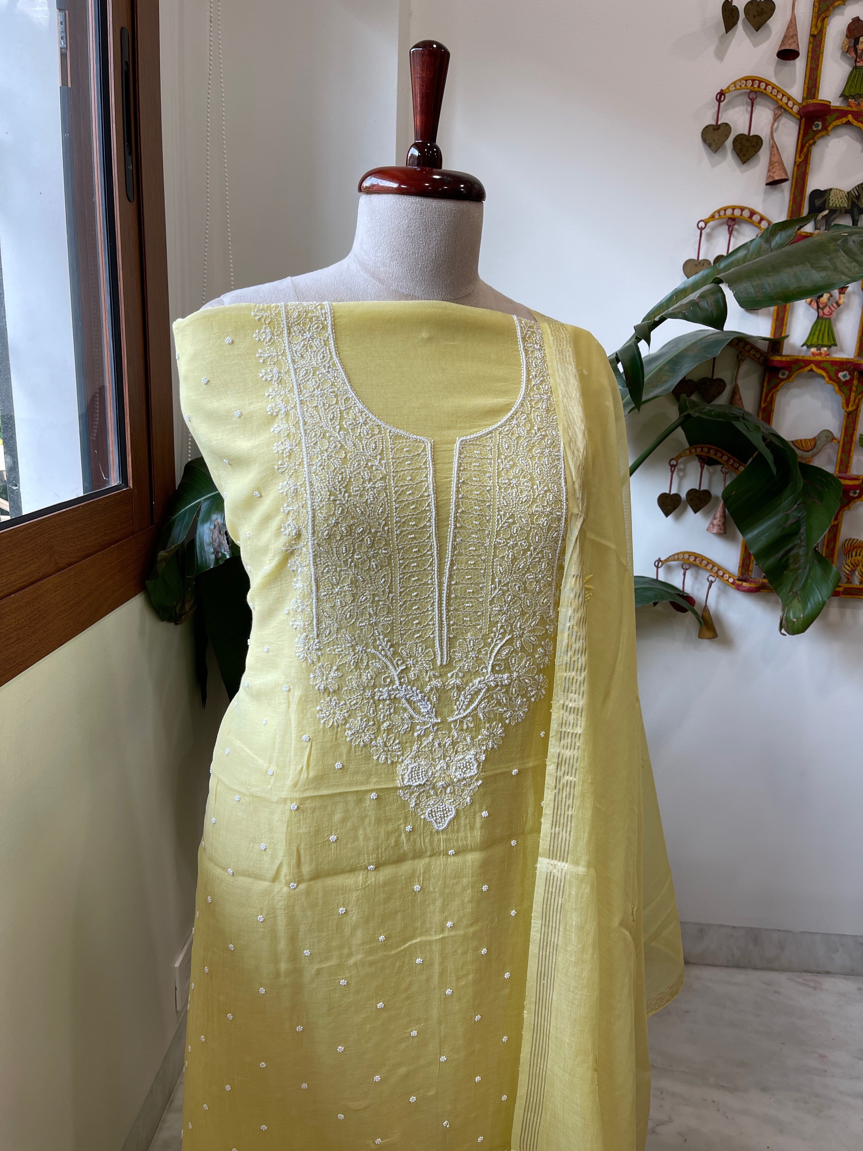 Yellow Suit Set with Lucknowi & Pearl Handwork in Pure Mul Cotton - Masakalee