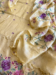 Yellow Suit Set with Parsi Gara Embroidery in Pure Tussar Silk - Masakalee