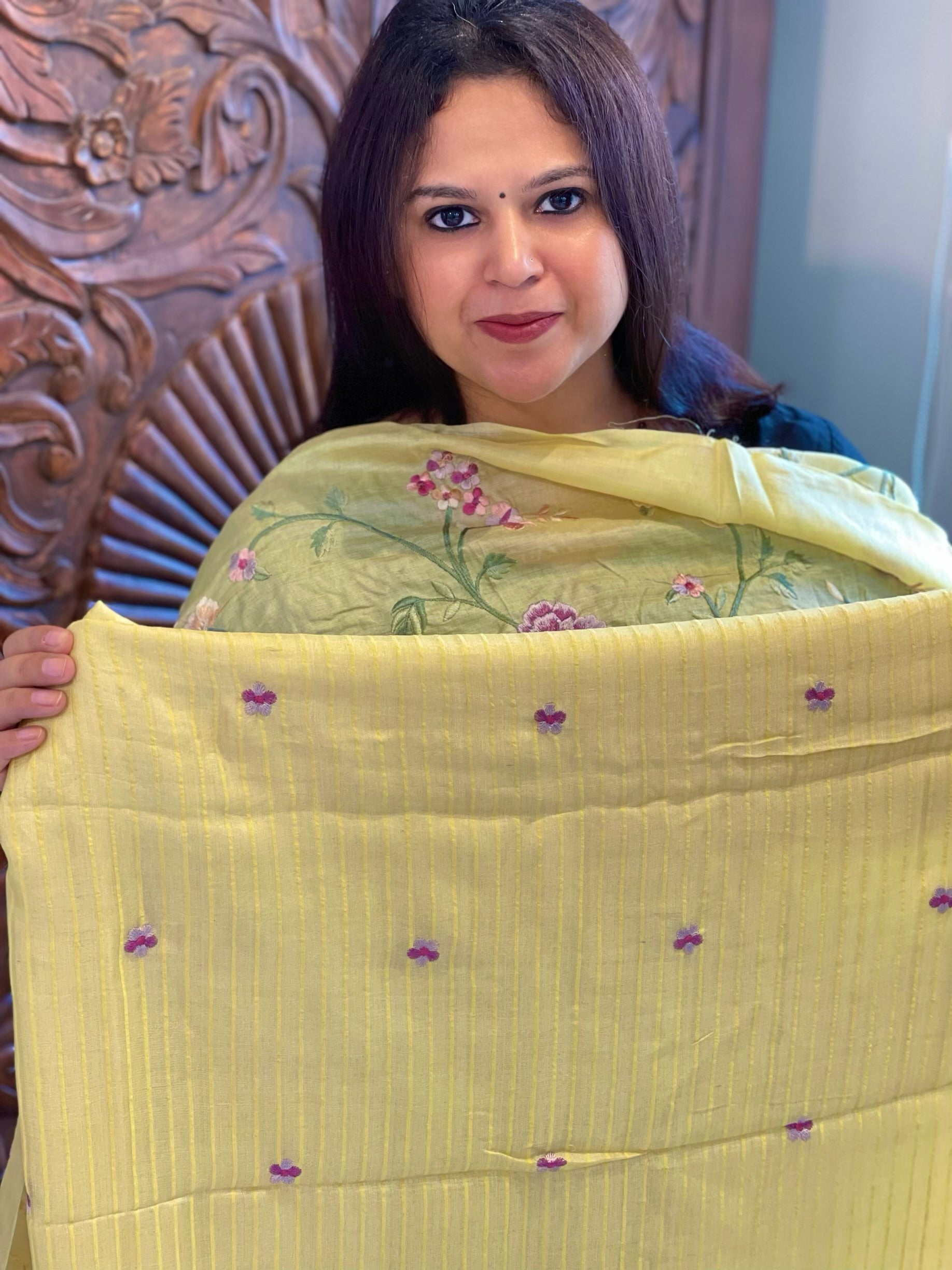 Yellow Suit Set with Parsi Gara Embroidery in Pure Tussar Silk - Masakalee