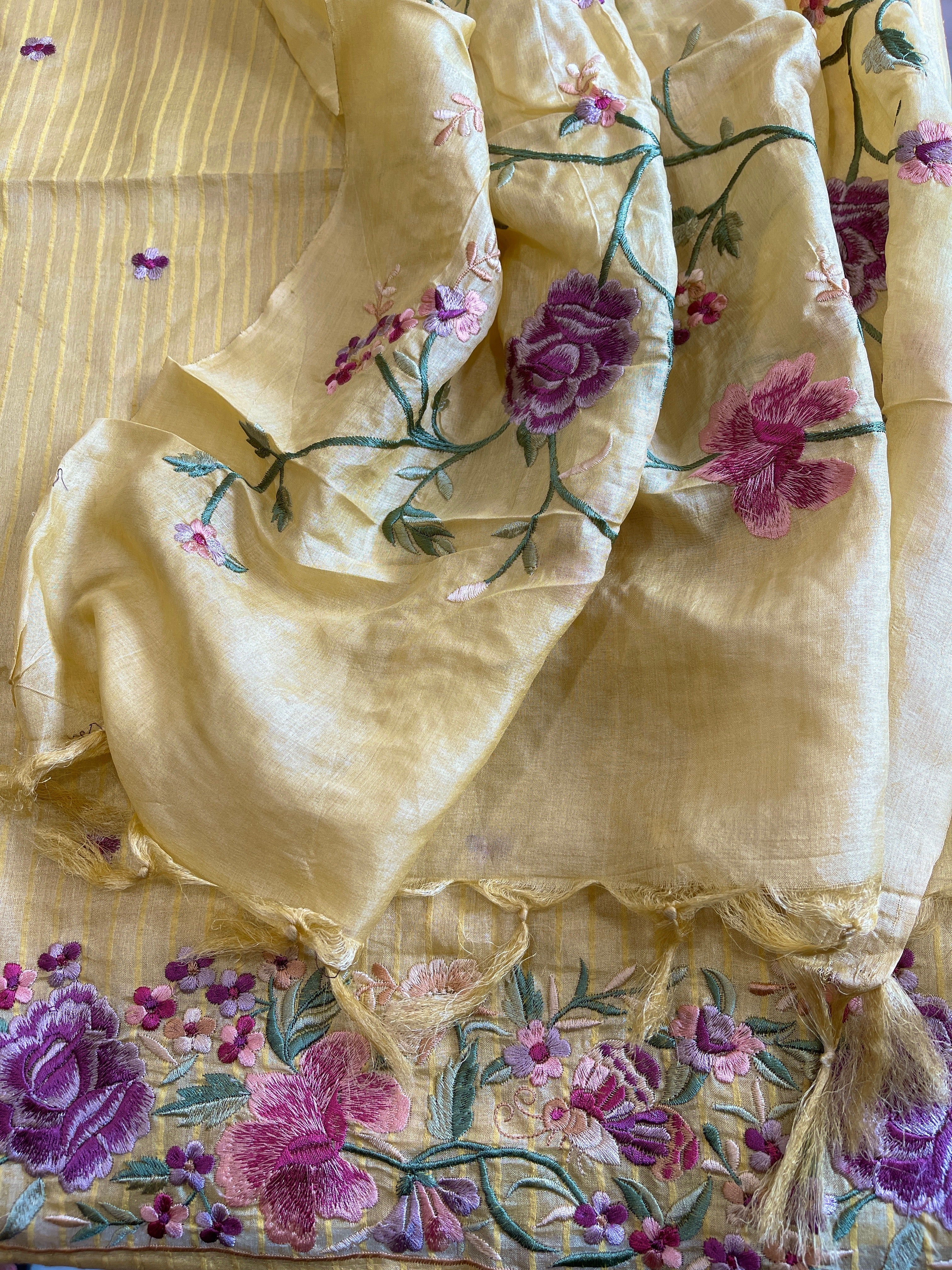 Yellow Suit Set with Parsi Gara Embroidery in Pure Tussar Silk - Masakalee