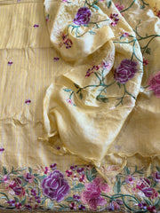 Yellow Suit Set with Parsi Gara Embroidery in Pure Tussar Silk - Masakalee