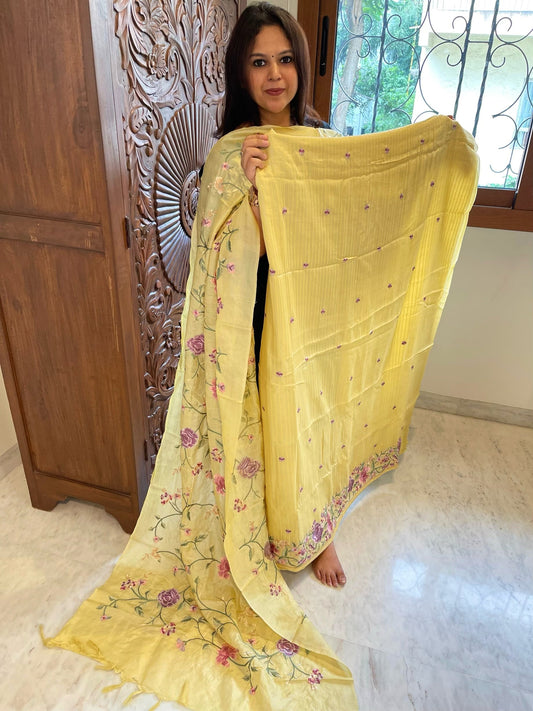 Yellow Suit Set with Parsi Gara Embroidery in Pure Tussar Silk - Masakalee