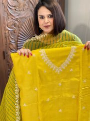 Yellow Suit Set with Pitta Work in Pure Tussar Silk - Masakalee