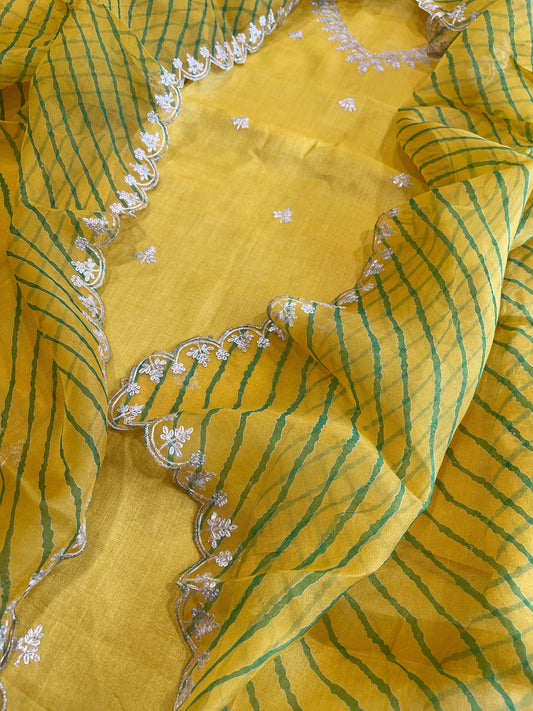 Yellow Suit Set with Pitta Work in Pure Tussar Silk - Masakalee