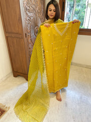 Yellow Suit Set with Pitta Work in Pure Tussar Silk - Masakalee