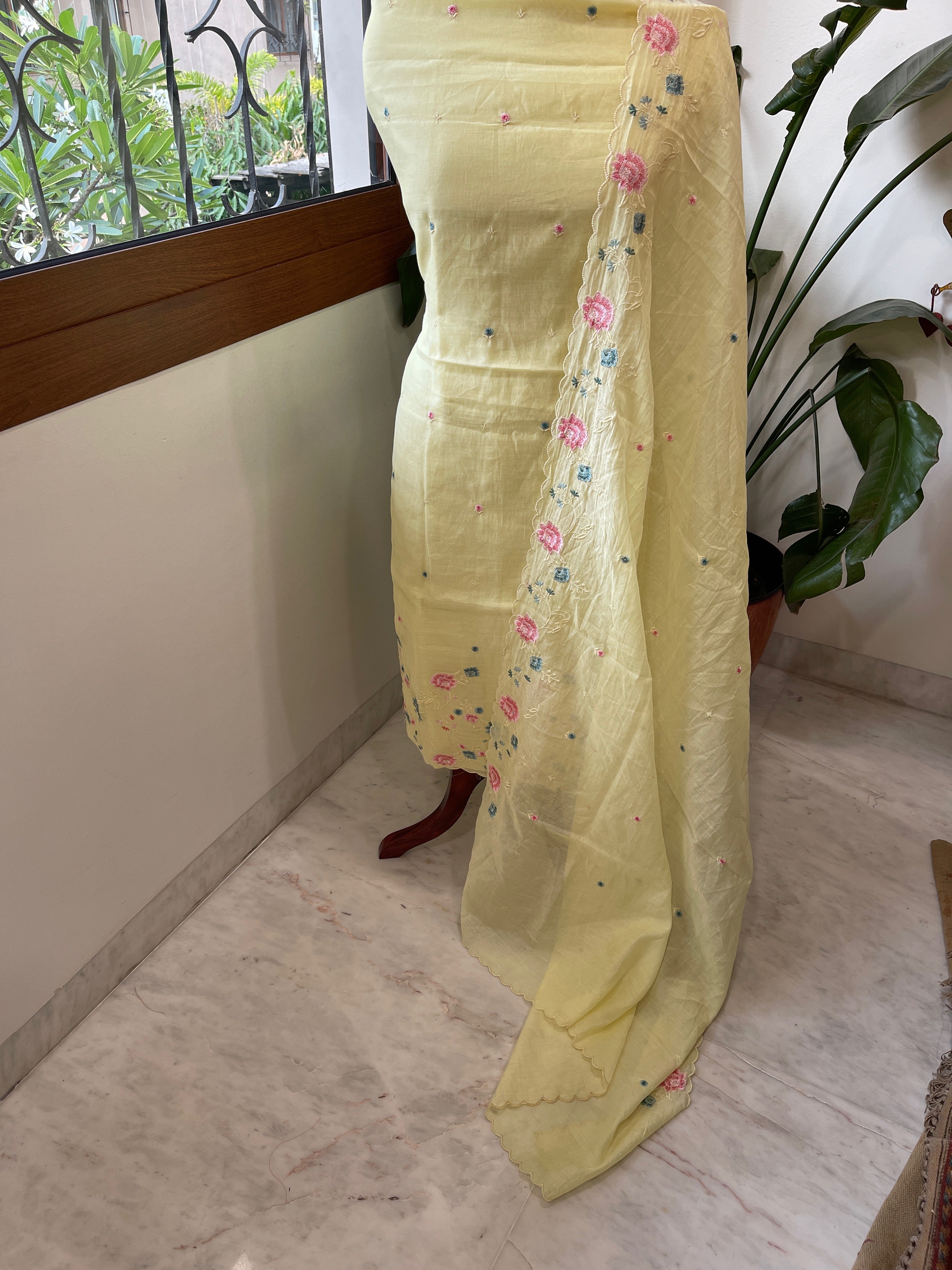 Yellow Suit Set with Thread Embroidery in Mul Chanderi - Masakalee