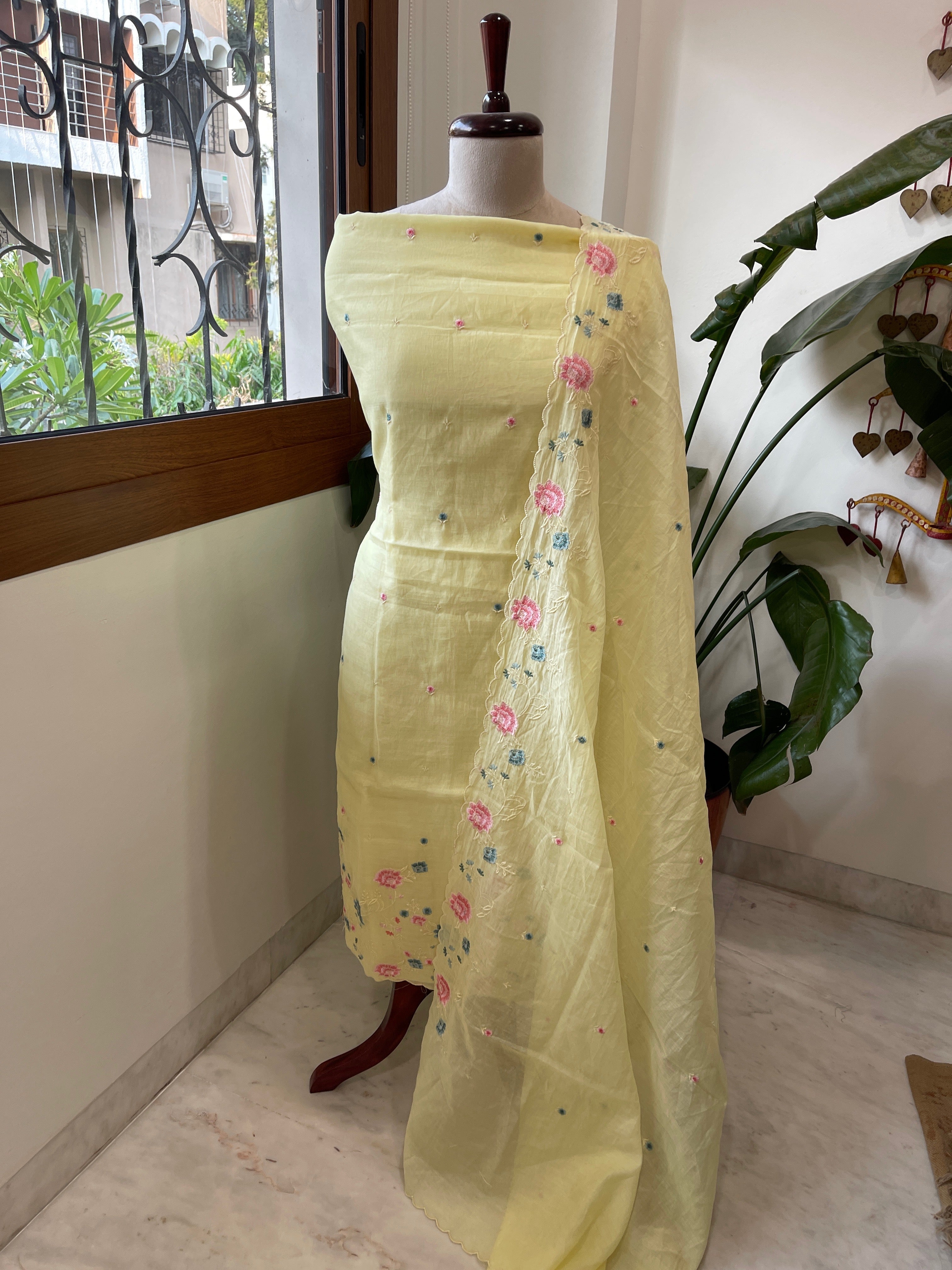 Yellow Suit Set with Thread Embroidery in Mul Chanderi - Masakalee