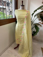 Yellow Suit Set with Thread Embroidery in Mul Chanderi - Masakalee