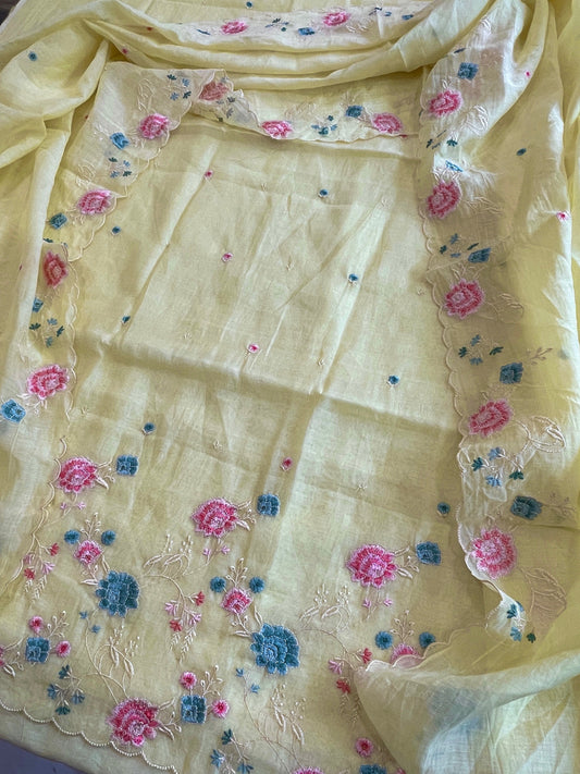 Yellow Suit Set with Thread Embroidery in Mul Chanderi - Masakalee