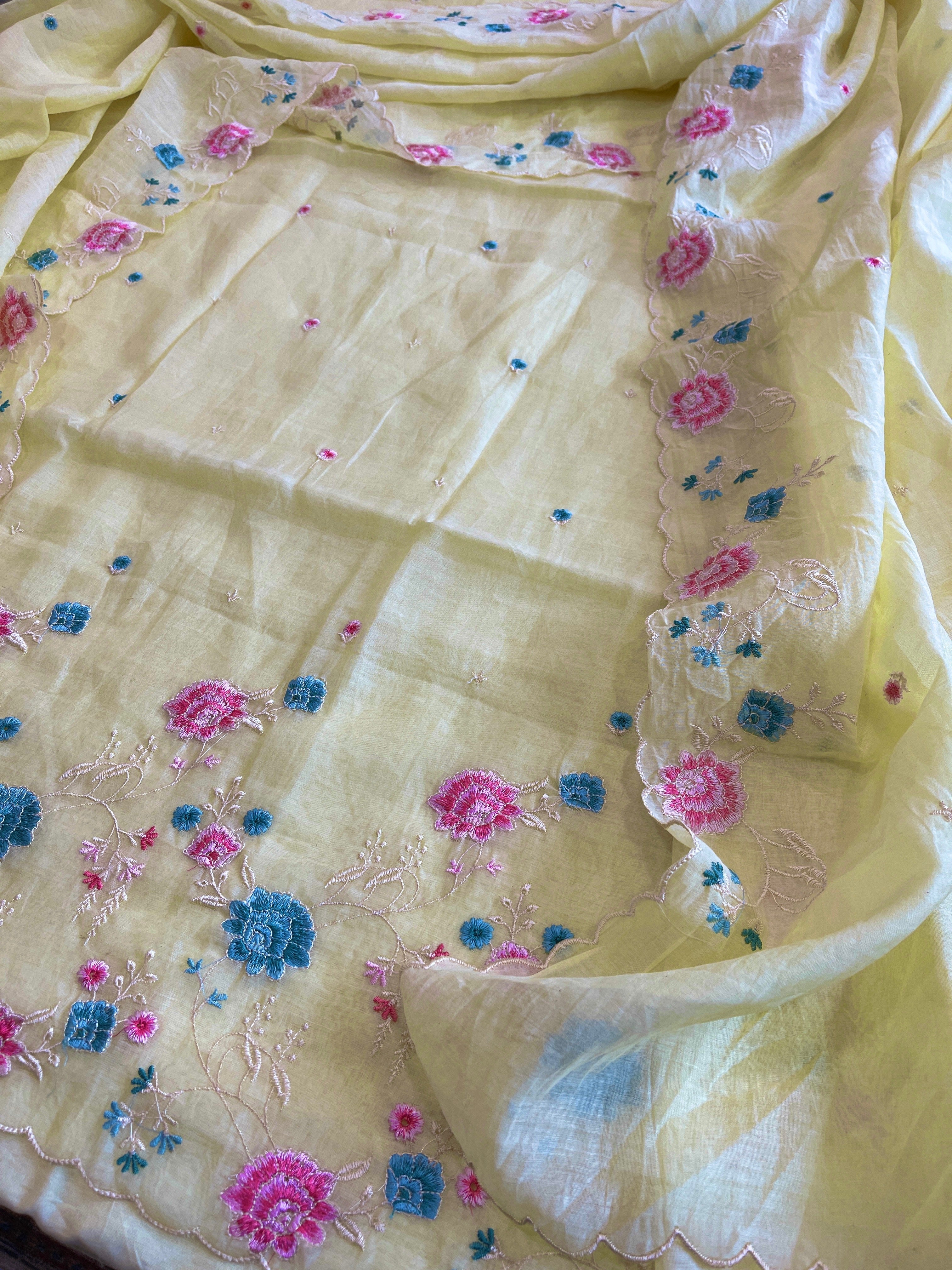 Yellow Suit Set with Thread Embroidery in Mul Chanderi - Masakalee