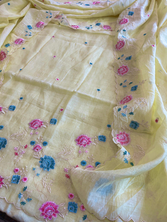 Yellow Suit Set with Thread Embroidery in Mul Chanderi - Masakalee