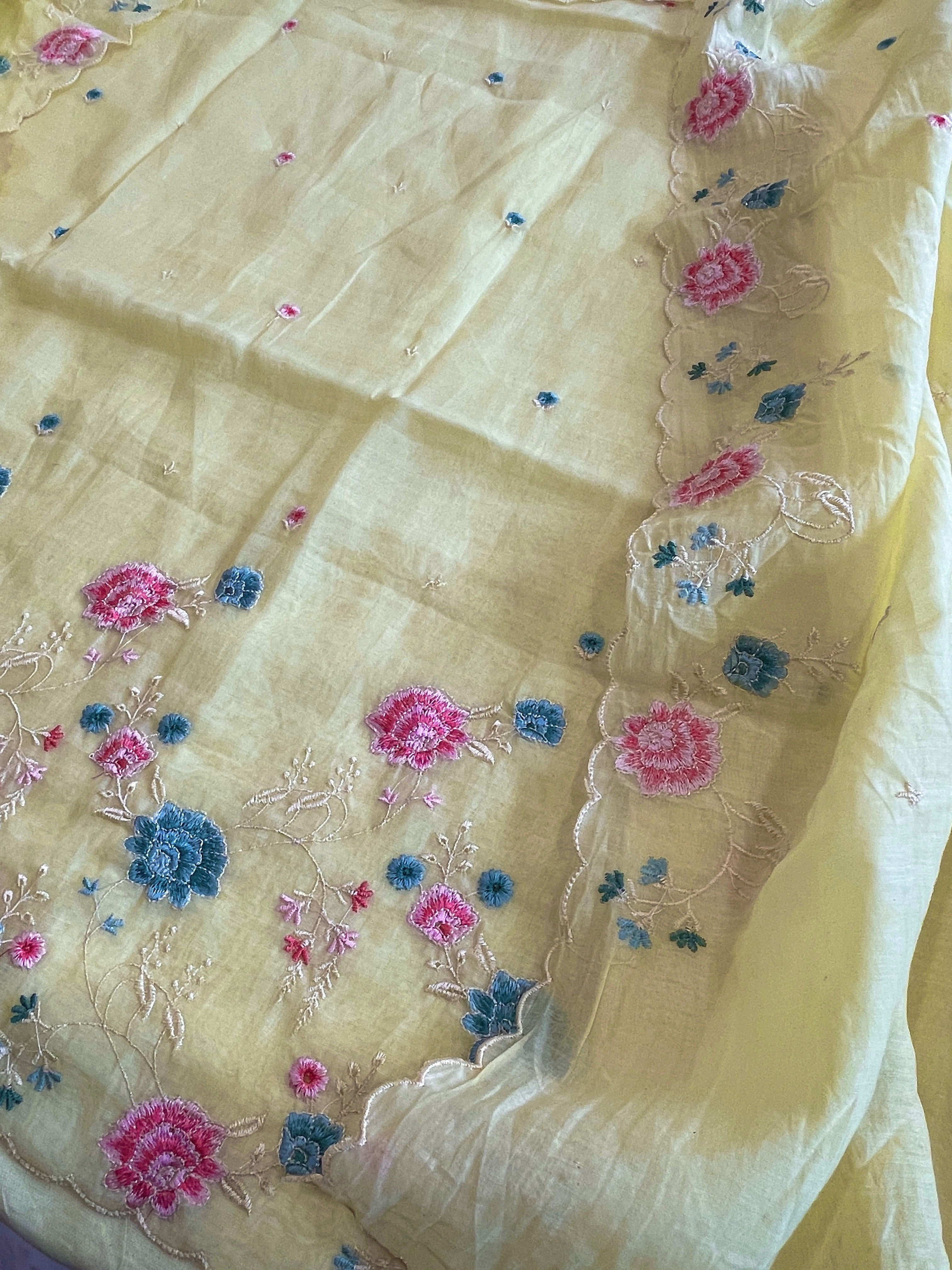 Yellow Suit Set with Thread Embroidery in Mul Chanderi - Masakalee