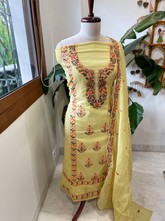Yellow Suit Set with Thread Embroidery in Mul Chanderi - Masakalee