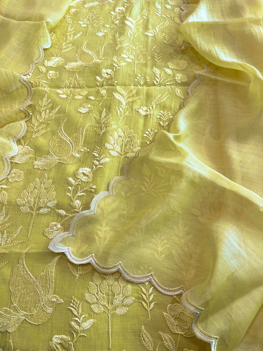 Yellow Suit Set with Thread Embroidery in Pure Mul - Masakalee