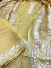 Yellow Suit Set with Thread Embroidery in Pure Tussar Silk - Masakalee