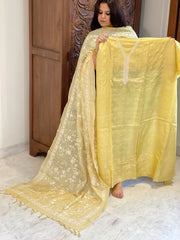 Yellow Suit Set with Thread Embroidery in Pure Tussar Silk - Masakalee