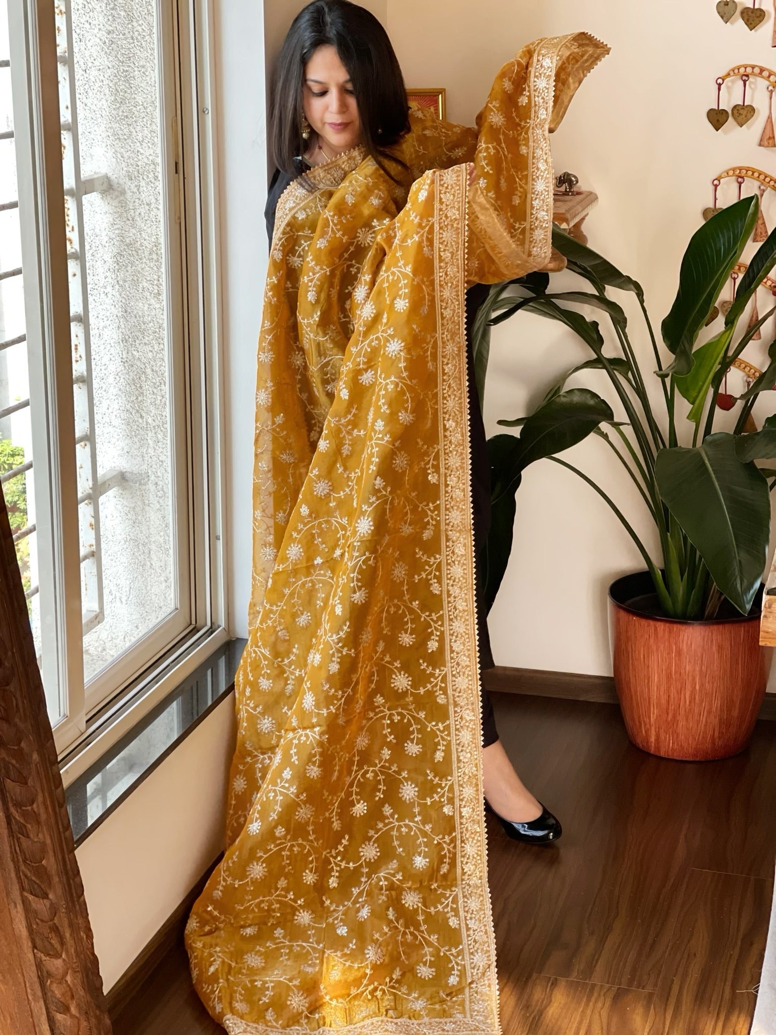 Yellow Tissue Dupatta with Thread & Sequin Embroidery - Masakalee