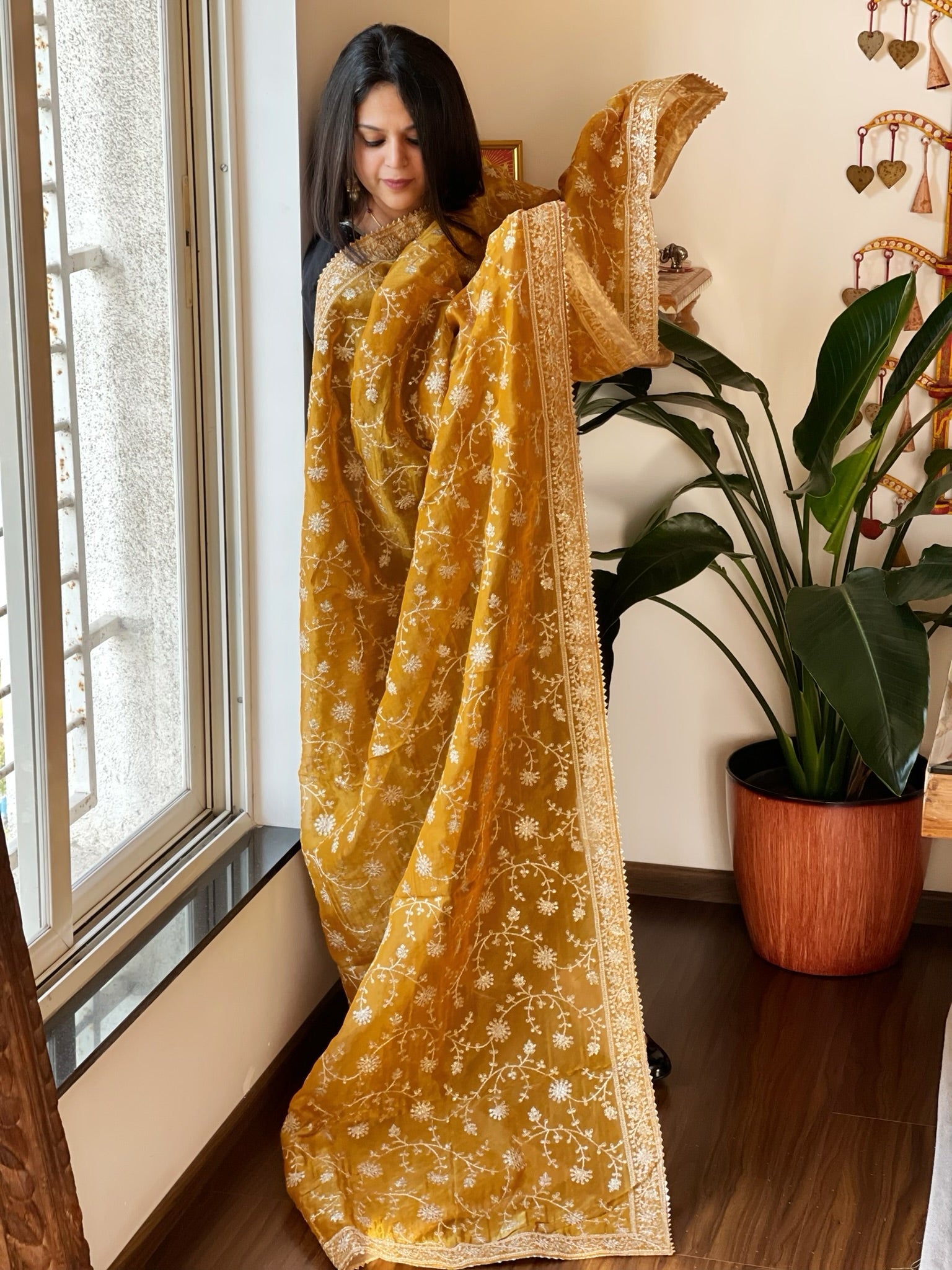 Yellow Tissue Dupatta with Thread & Sequin Embroidery - Masakalee