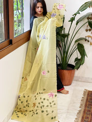 Yellow Tissue Organza Dupatta with Handpainted Applique Work - Masakalee