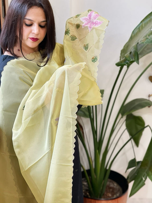 Yellow Tissue Organza Dupatta with Handpainted Applique Work - Masakalee