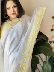 Yellow, White Kota Cotton Dupatta with Thread Embroidered Border - Masakalee