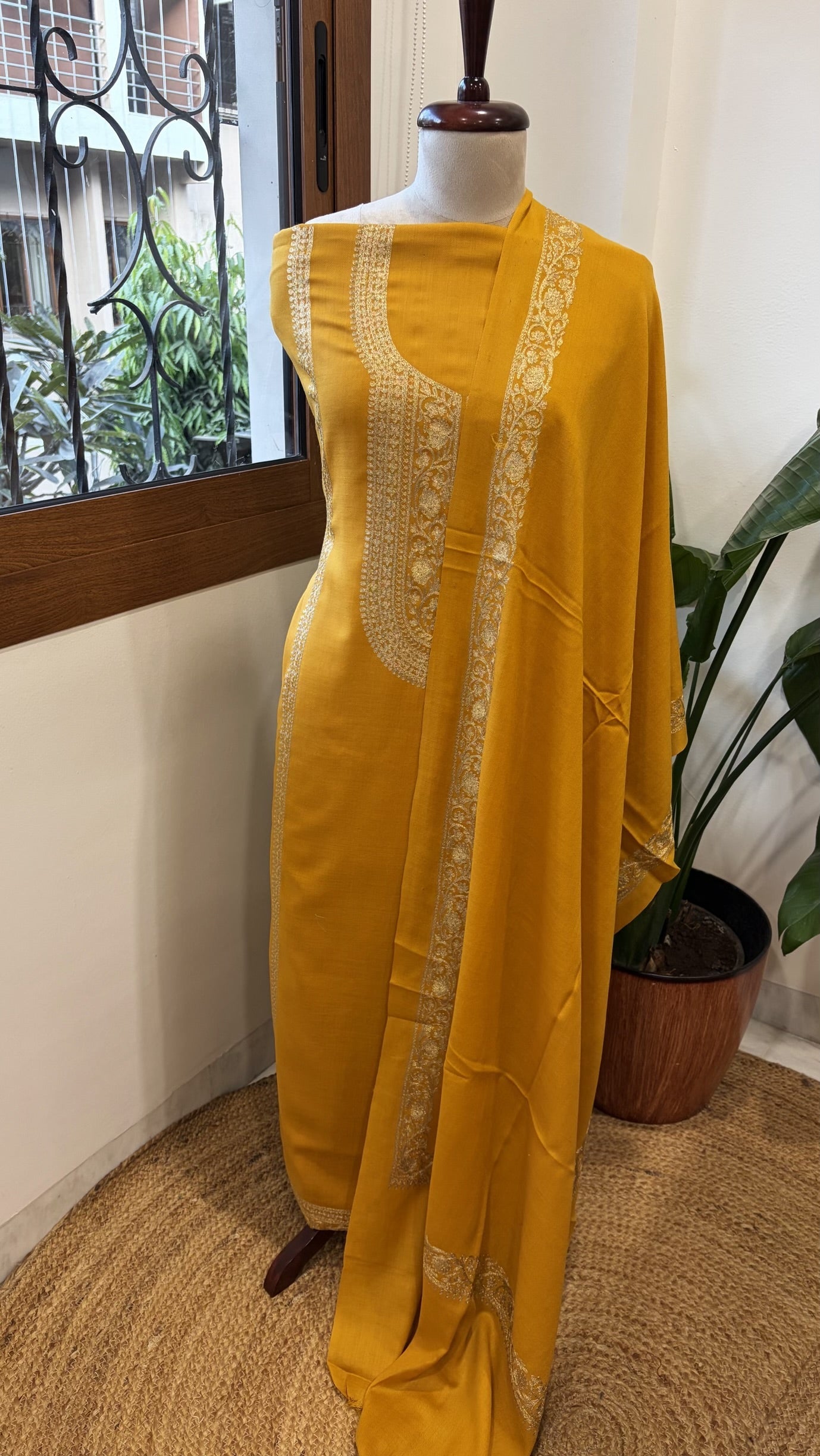 Yellow Winter Suit Set with Aari Work in Pashmina Wool - Masakalee