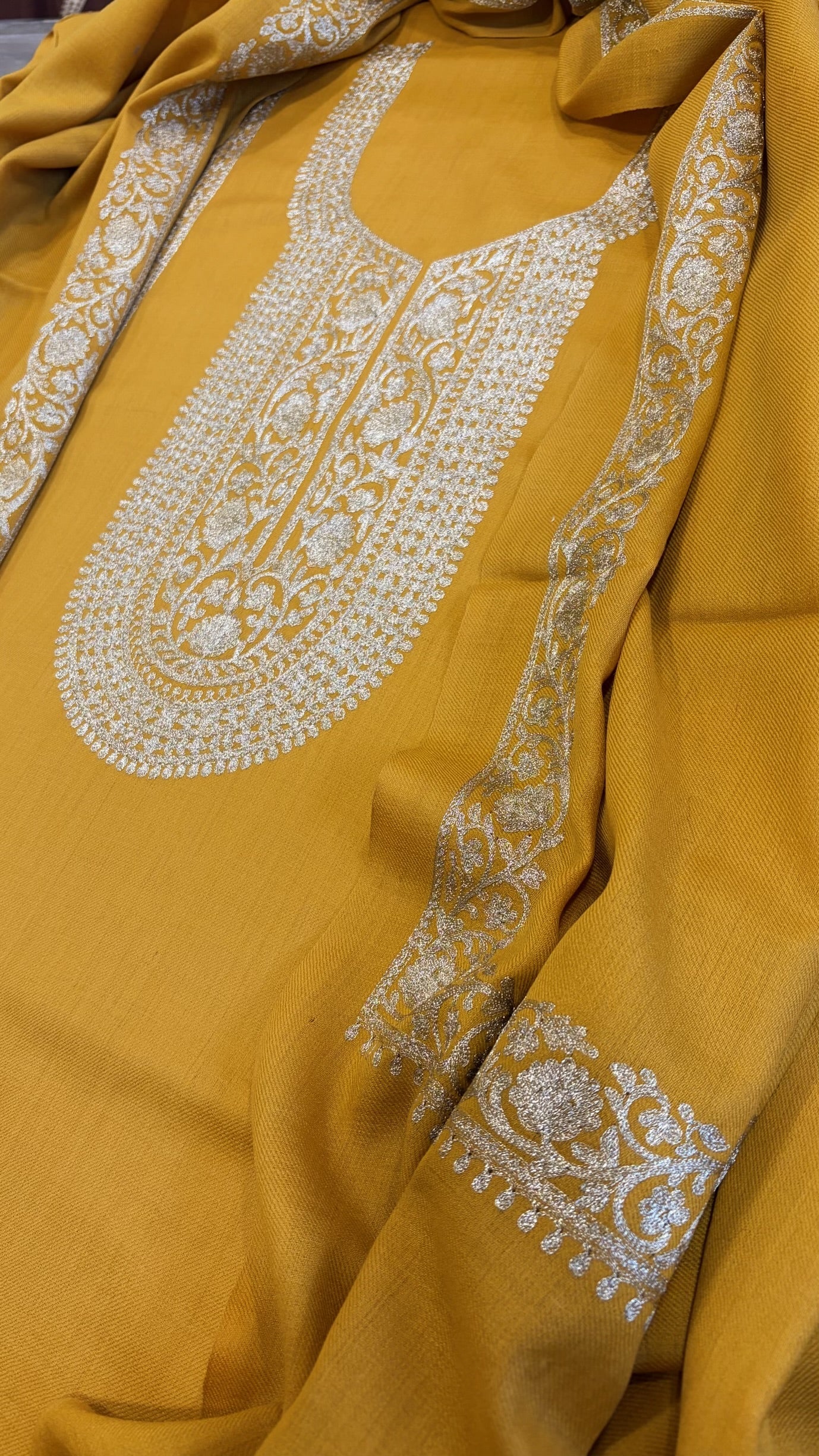 Yellow Winter Suit Set with Aari Work in Pashmina Wool - Masakalee