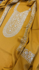 Yellow Winter Suit Set with Aari Work in Pashmina Wool - Masakalee
