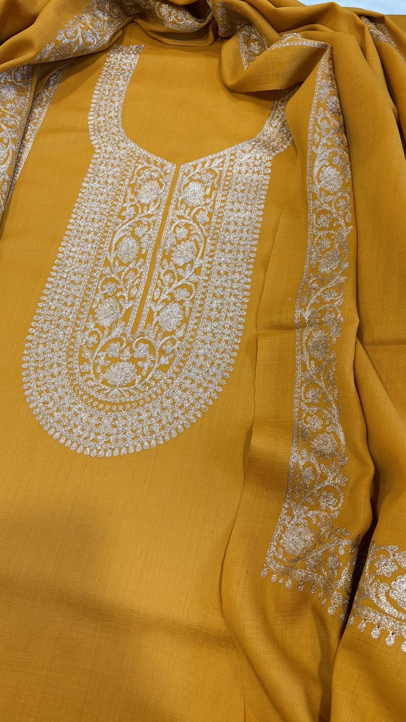 Yellow Winter Suit Set with Aari Work in Pashmina Wool - Masakalee