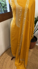 Yellow Winter Suit Set with Aari Work in Pashmina Wool - Masakalee