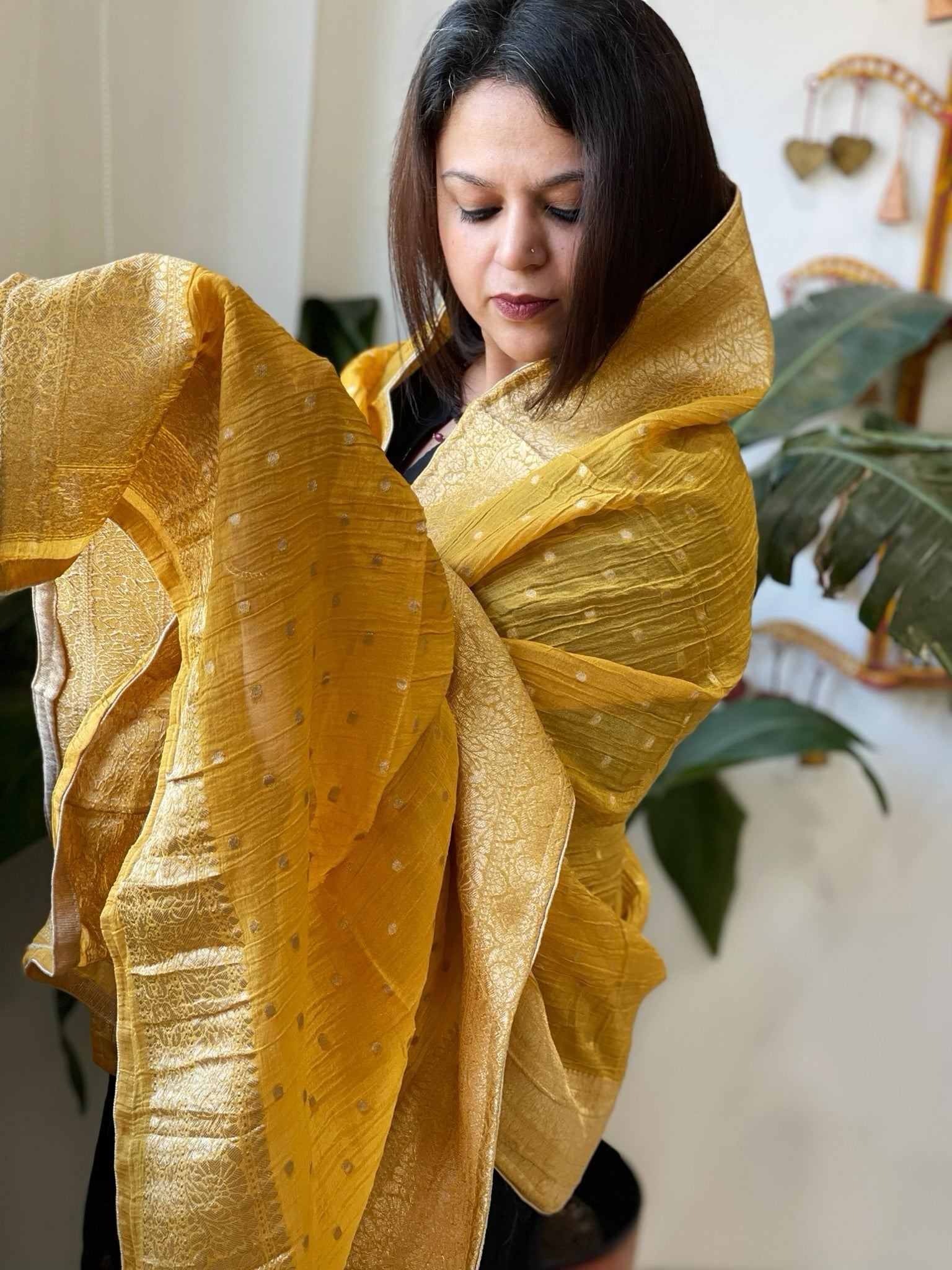 Yellow Woven Banarasi Dupatta in Tissue - Masakalee