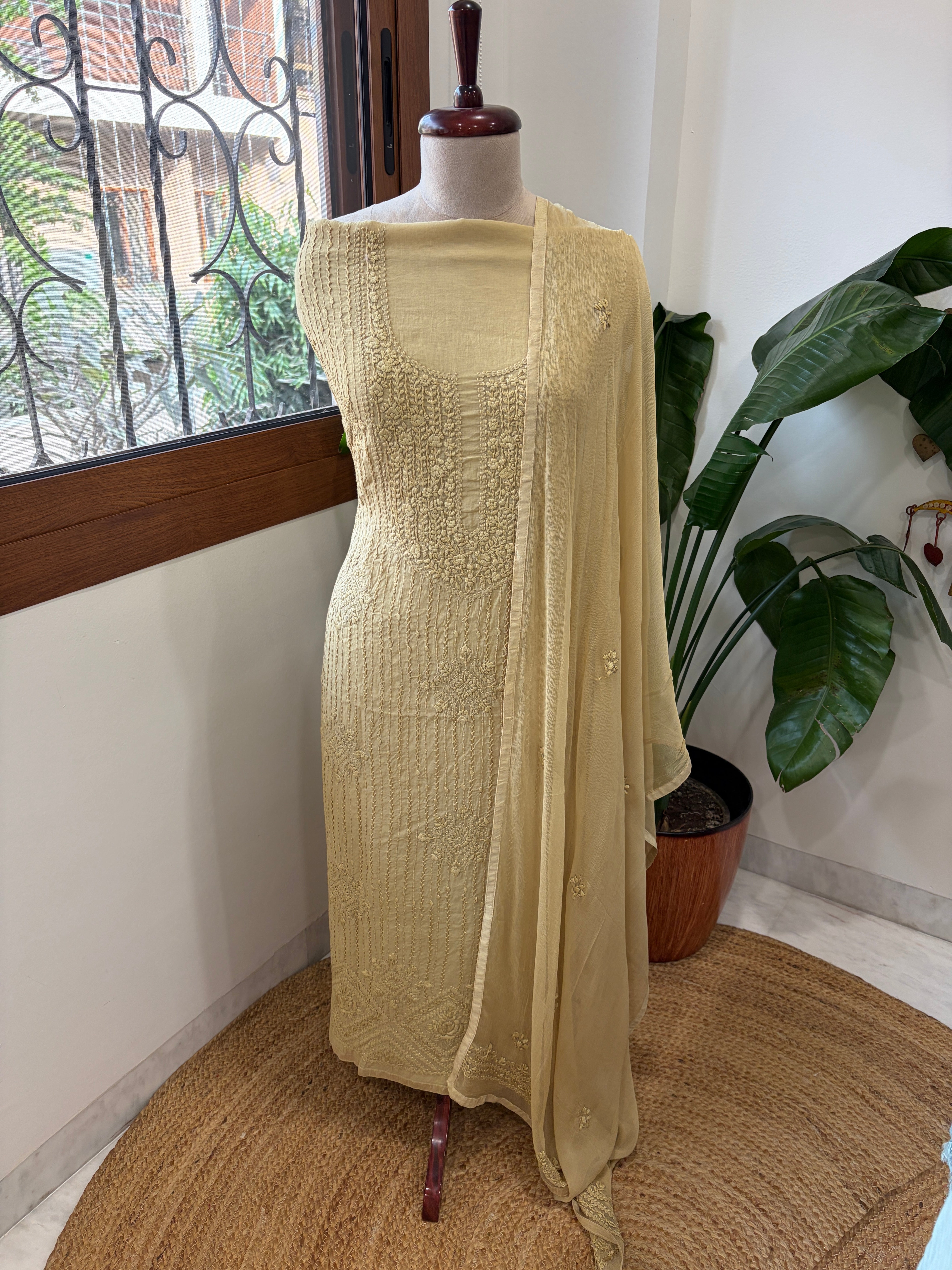 Yellowish Beige Suit Set with Lucknowi Handwork in Pure Mul Cotton - Masakalee