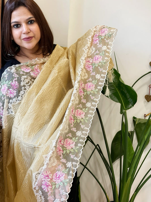 Yellowish Gold Tissue Dupatta with Organza Embroidered Border - Masakalee