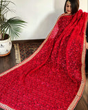 Red Net Dupatta with Heavy Embroidery & Zari Border
