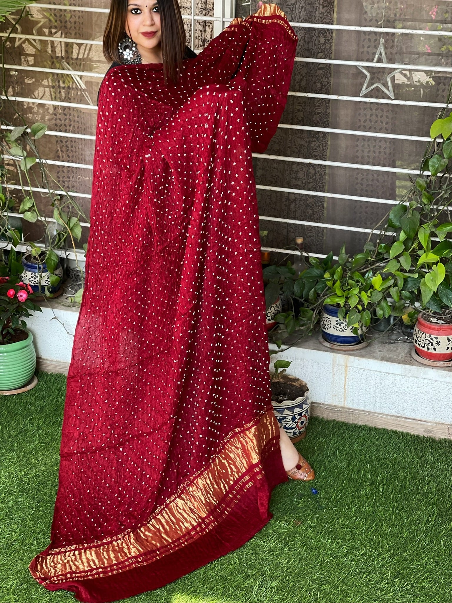 Bandhani Dupatta with Zari Pallu in Modal Silk