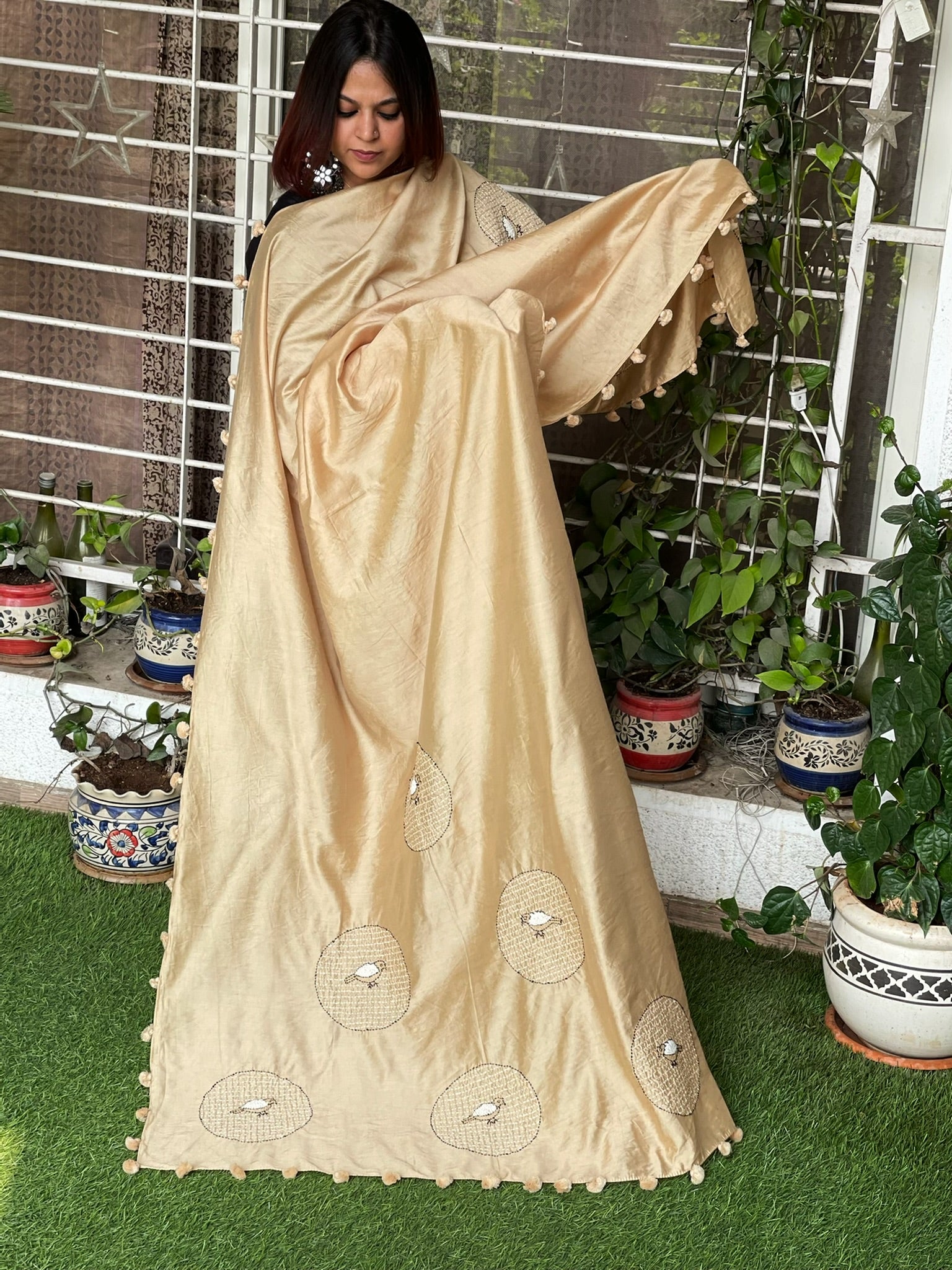 Cotton Silk Dupatta cum Stole with Thread Handwork