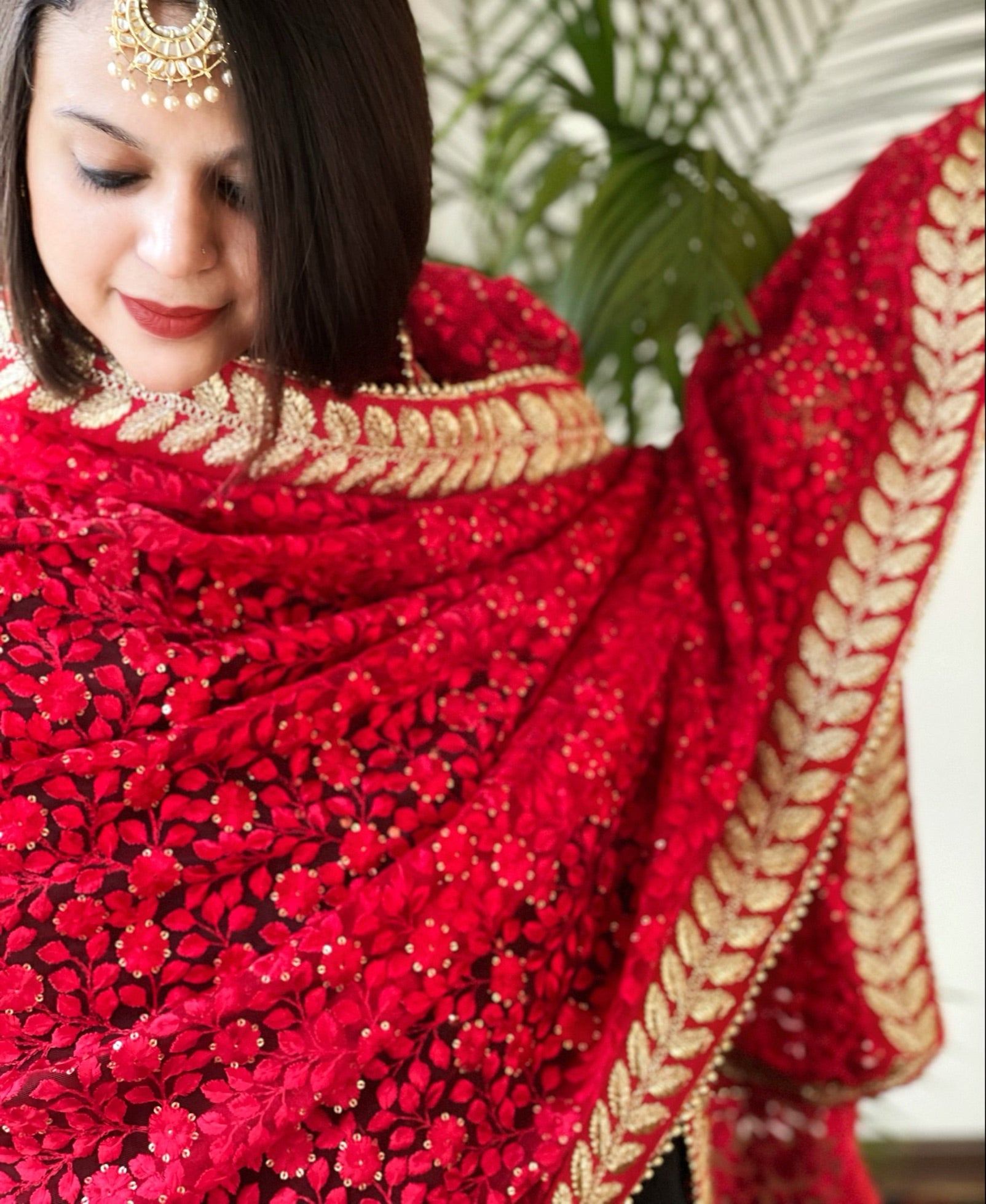 Red Net Dupatta with Heavy Embroidery & Zari Border